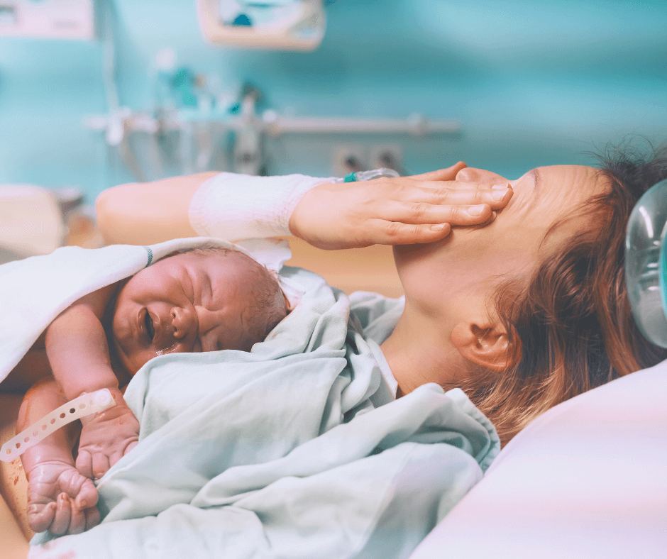 Woman is emotional after the birth of her baby