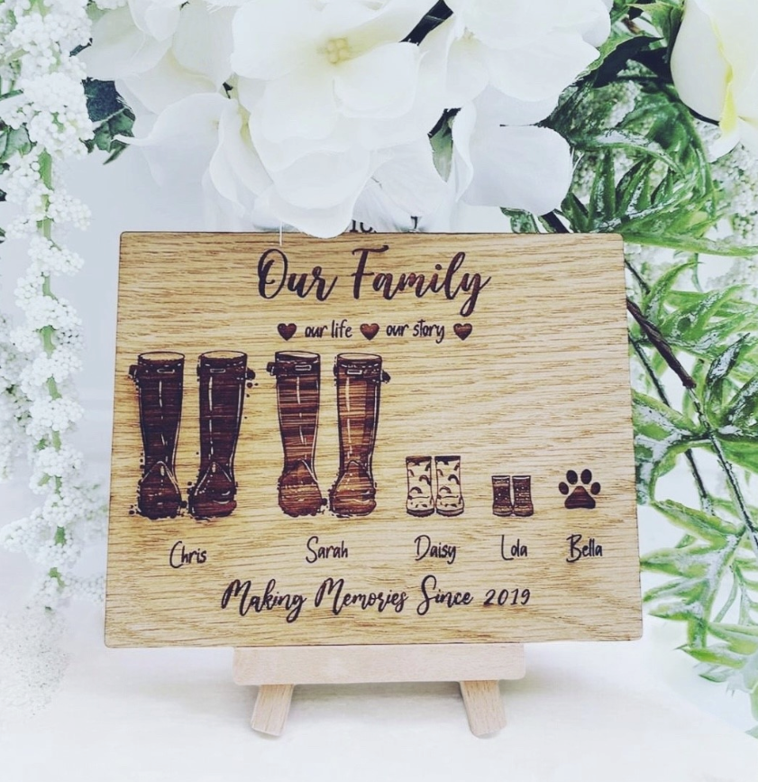 Wooden plaque shows each family member represented by a different pair of wellies, plus a foot print for a dog.