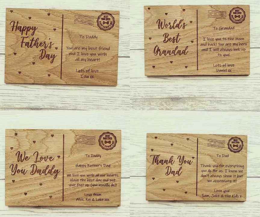 Personalised wooden plaques made to look like postcards