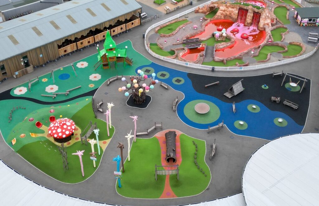 Aerial picture of the Ice Cream Farm in Cheshire and the magical playground in the centre.