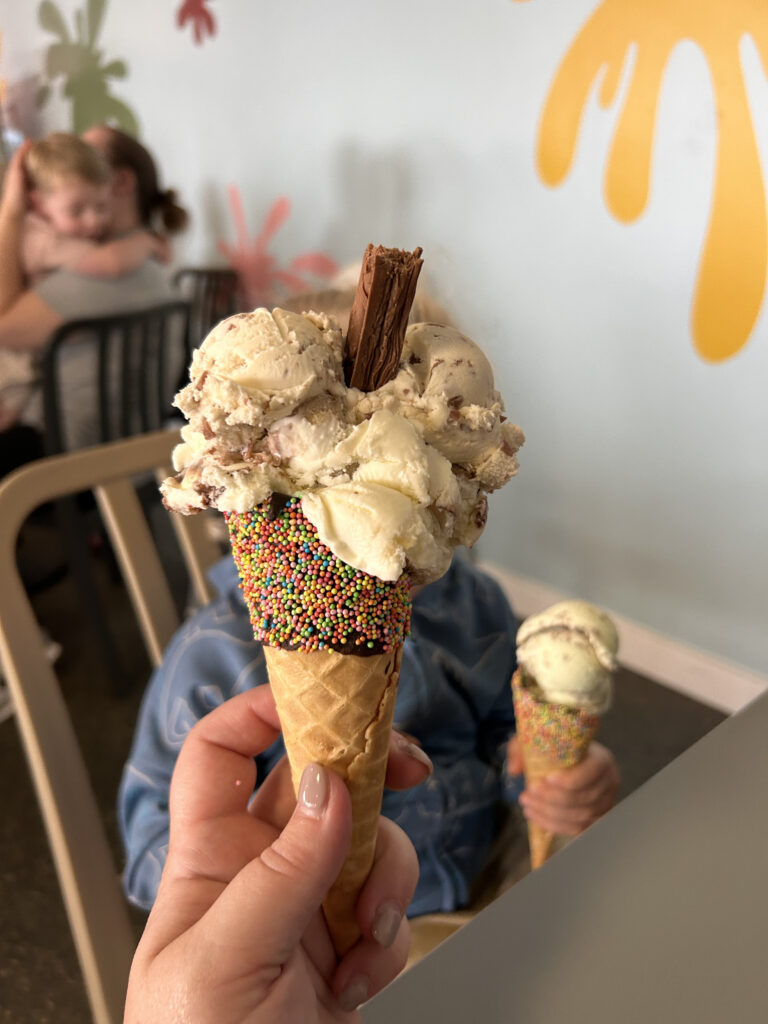 Kinder Bueno ice cream in a cone at The Ice Cream Farm in Cheshire